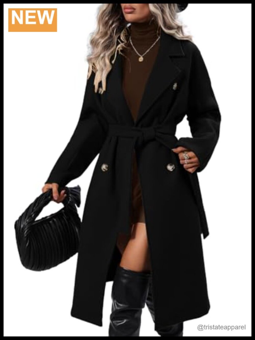 SAUKOLE Women's Wool Blend Double Breasted Pea Coat with Belt